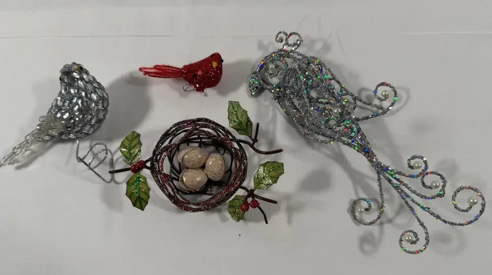 Lot of 4 Bird Christmas Ornaments Glitter Cardinal Jeweled Silver Nest